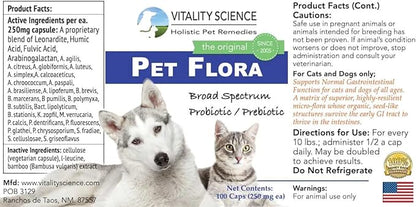 Pet Probiotic for Cats & Dogs | Pet Flora - Great for Diarrhea, Vomiting, Gas, Skin Conditions - Additive Free (100 Caps)
