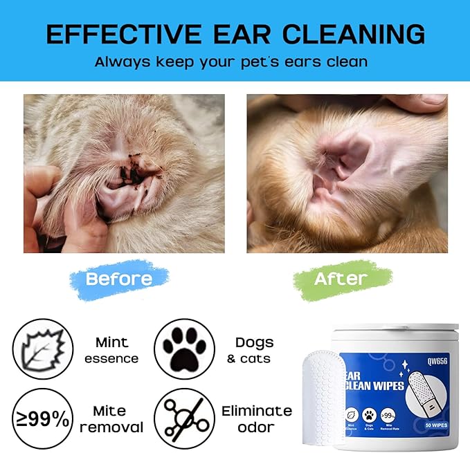 Ear Cleaner Wipes, Dogs & Cats Grooming Kit, Safe and Non-Irritating, Mint Extract, Gently Remove Ear Wax, Deodorizes, 150 Count (Ear Finger Wipes (100 Count))