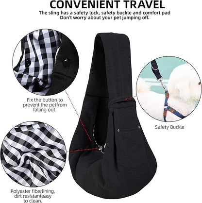 Dog Carrier Sling - Reversible Puppy Carrier Purse with Storage Pocket, Hand-Free Dog Sling Carrier for Carry Small Dogs and Cats，Travel Safety Harness, Dog and cat Harness (Black)