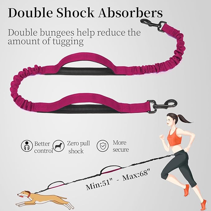 iYoShop Hands Free Dog Leash with Zipper Pouch, Dual Padded Handles and Durable Bungee for Walking, Jogging and Running Your Dog (Large, 25-120 lbs, Very Berry)