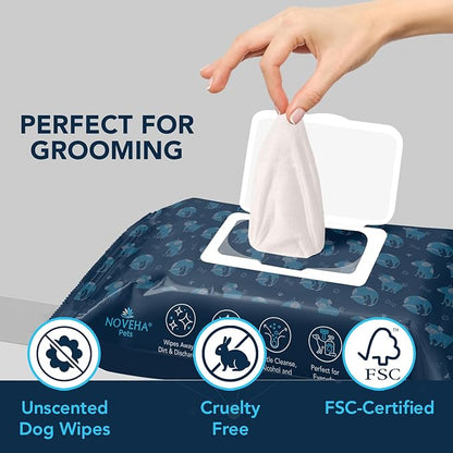 NOVEHA 120 Dog Wipes - Odor Eliminating and Cleaning Grooming Wipes for Dog's Paws, Body, and Butt - Perfect for Puppy and Adult Dogs - Plant-Based, Safe, Convenient & Large Unscented Wipes