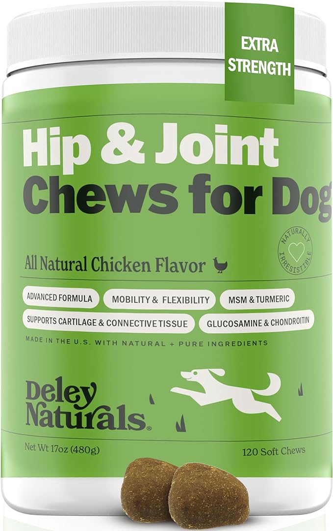 Hip and Joint Support Supplement for Dogs - Advanced Arthritis Pain Relief - Chondroitin, MSM, Organic Turmeric, & Glucosamine for Dogs - Made in USA - 120 Grain Free Soft Chews, Deley Naturals