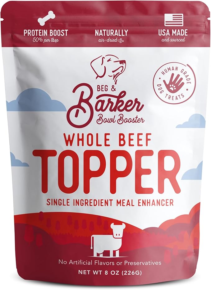 Beg & Barker Beef Dog Food Toppers for Picky Eaters (8 Ounce, Pack of 1) - Bowl Booster with Whole Beef Heart - Premium Meal Mixers for Dogs - Single Ingredient, Human Grade, Grain Free