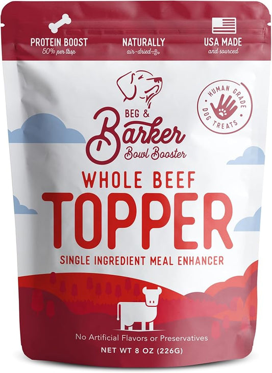 Beg & Barker Beef Dog Food Toppers for Picky Eaters (8 Ounce, Pack of 1) - Bowl Booster with Whole Beef Heart - Premium Meal Mixers for Dogs - Single Ingredient, Human Grade, Grain Free