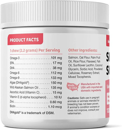 Natural Skin and Coat Allergy Support Soft Chews for Dogs – Anti-inflammatory and Anti-Itch Vitamins, Omega 3 6 9 + EPA, DHA Gold, Fish Oil - for Hot Spots, Seasonal Allergies, Dry, Itchy Skin 120ct.