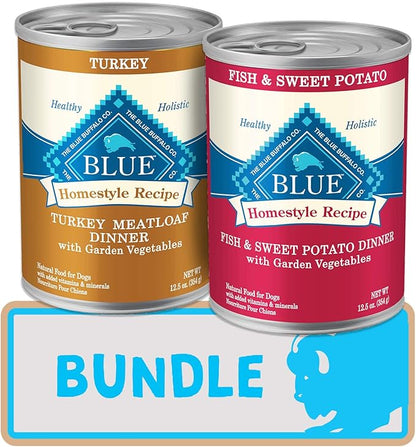 Blue Buffalo Homestyle Recipe Natural Adult Wet Dog Food, Turkey Meatloaf and Fish & Sweet Potato Bundle
