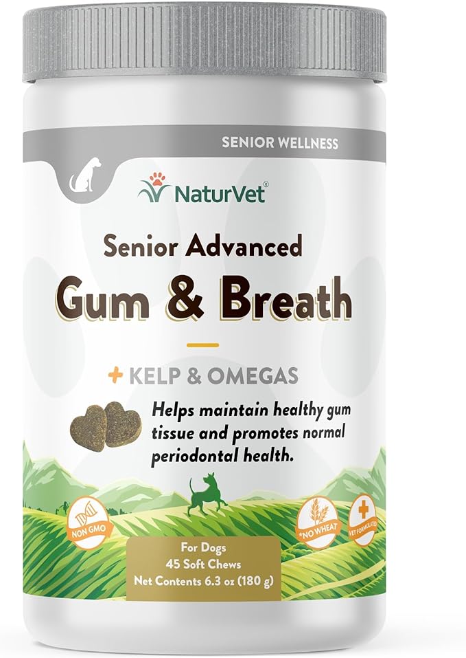 NaturVet Senior Advanced Gum & Breath Dog Supplement – Includes Peppermint, Parsley Leaf to Help Promote Periodontal Health, Fresh Breath for Dogs – 45 Ct. Soft Chews