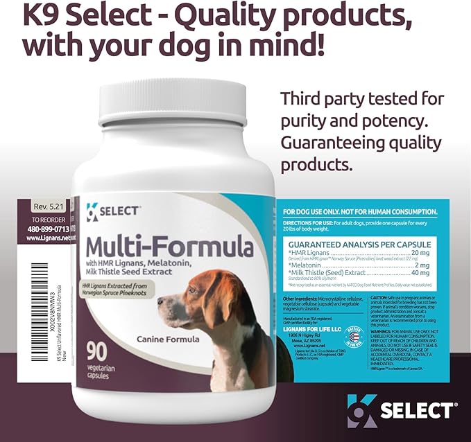 Multi-Formula Dog Supplement for Medium Dogs - 20mg HMR Lignans, 2mg Melatonin, 40mg Milk Thistle - Helps Heart, Liver, Digestion, Skin & Coat Health, Multivitamin for Dogs, 90 Capsules