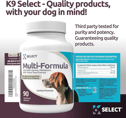 Multi-Formula Dog Supplement for Medium Dogs - 20mg HMR Lignans, 2mg Melatonin, 40mg Milk Thistle - Helps Heart, Liver, Digestion, Skin & Coat Health, Multivitamin for Dogs, 90 Capsules