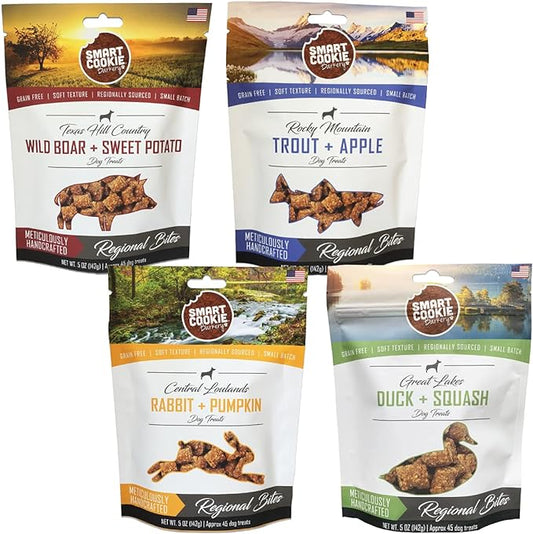 All Natural Dog Treats - 4 Flavor Variety Pack (5oz each) - Training Treats for Dogs & Puppies with Allergies, Sensitive Stomachs - Grain Free Dog Treats, Chewy, Human-Grade, Made in USA