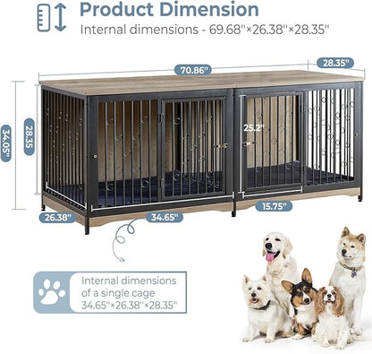 70.86'' Dog Crate Furniture Large Breed TV Stand with Cushion & Double Rooms,Wooden Dog Kennel Dog Crate End Table with Removable Divider for Large Medium Dogs, Grey