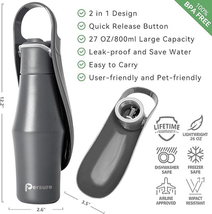 Dog Water Bottle, Portable Dog Water Bottle Dispenser - 27 OZ Stainless Steel Leak-Proof Water Bottle for Dogs On The Go, Perfect for Travel, Walking, Hiking and Outdoor Activities, Whole Grey