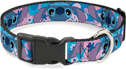 Disney Pet Collar, Dog Collar Plastic Buckle, Lilo and Stitch Stitch Flip Expressions Close Up Blues Pinks, 8.5 to 12 Inches 0.5 Inch Wide