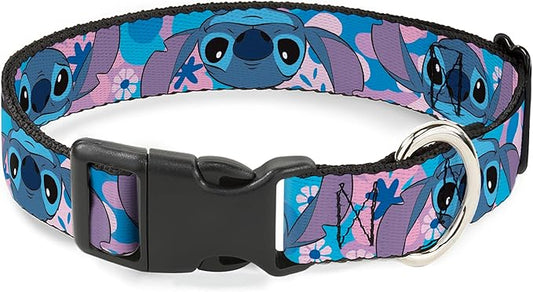 Disney Pet Collar, Dog Collar Plastic Buckle, Lilo and Stitch Stitch Flip Expressions Close Up Blues Pinks, 11 to 16.5 Inches 1.0 Inch Wide