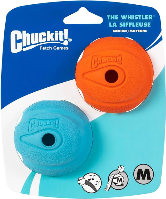 Chuckit! The Whistler Ball Dog Toy, Medium (2.5 Inch Diameter) for Dogs 20-60 lbs, Pack of 2, Multicolor