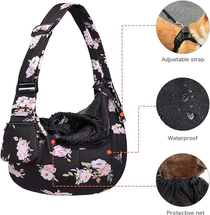 MOSISO Dog Cat Sling Carrier, Pet Dog Carrier Camellia Tote Bag Hands Free Adjustable Padded Strap Breathable Polyester Soft Carrying Travel Shoulder Bag with Front Pocket for Small Dog Cat, Black