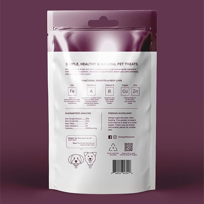 Skona Single-Ingredient Beef Liver Jerky (4oz) | Dogs & Cats | Vitamins A, B12, Protein Boost | Shiny Coat, Energy, Digestion | USA Made