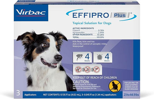 Effipro Plus Topical Solution for Dogs - for Dog Flea and Tick for Medium Dogs (23-44.9lbs), 3 Doses, Waterproof Topical Prevention (by Virbac)
