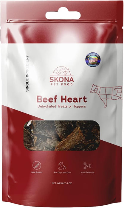 Skona Single-Ingredient Beef Heart Jerky | Treats for Dogs & Cats (4oz) | Healthy, Grain-Free, USA Made | Promotes Digestion, Dental Care, Taurine Boost