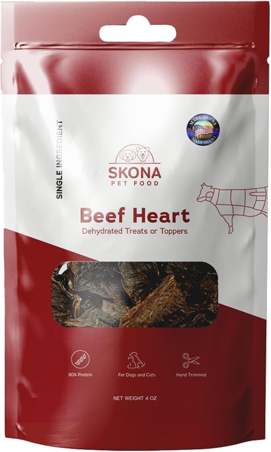 Skona Single-Ingredient Beef Heart Jerky | Treats for Dogs & Cats (4oz) | Healthy, Grain-Free, USA Made | Promotes Digestion, Dental Care, Taurine Boost