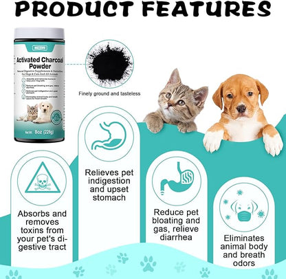 Activated Charcoal for Dogs, Cats, and All Pets, Pet First Aid Kit Antidote for Poisoning, Indigestion & Diarrhea, Gas Relief, 8 oz (Powder)