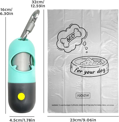 Dog Poop Bag Dispenser with Flashlight|Dog Poop Bag Holder with Leash Clip|Hands-Free Leash Poop Bag Holder with Straps and 1 Roll Dog Waste Bags (Green)