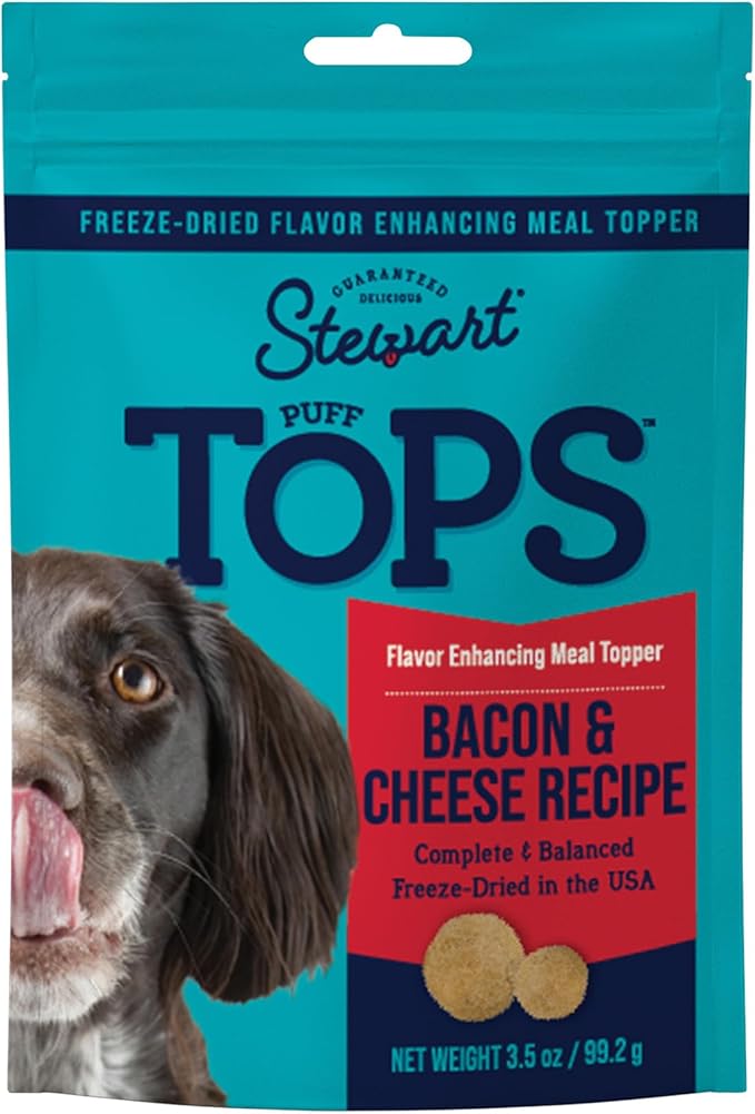 Stewart Freeze Dried Dog Food Topper, PuffTops, Made in USA with Real Bacon, Healthy, Natural, Freeze Dried Dog Treats, Delicious Dog Food Toppers, Bacon and Cheese Recipe, 3.5 Ounce Resealable Pouch