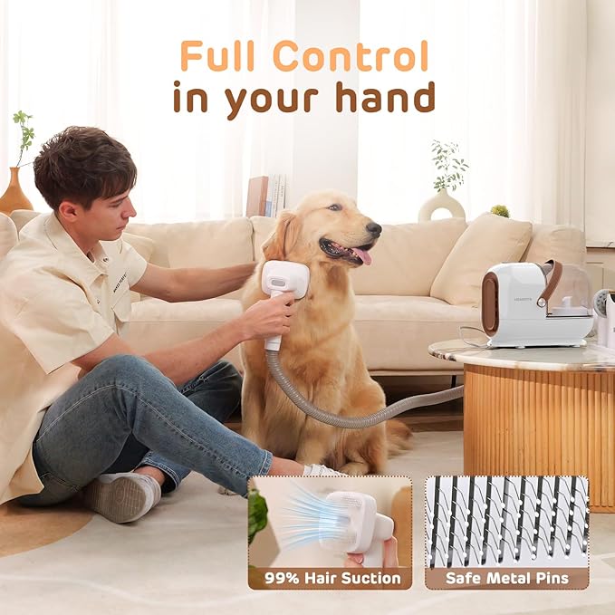 Dog Grooming Vacuum Kit, 3L Pet Grooming Vacuum with 7 Pet Grooming Tools, Dog Vacuum for Shedding Grooming at Home with Low Noise Electric Clipper and Brush, White
