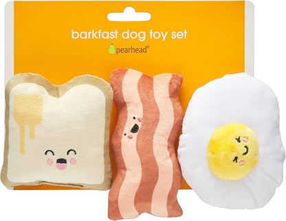 Pearhead Barkfast Dog Toys, Set of 3, Plush Pet Squeaker Toys, Breakfast Dog Toy Set, Toast Bacon & Egg Toy Set, Must Have Pet Accessories for Pet Owners