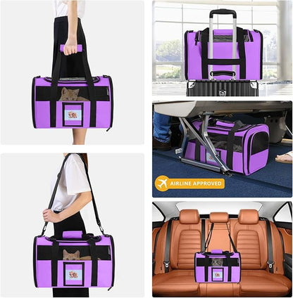 Cat Carrier, Dog Carrier, Pet Carrier Airline Approved for Cat, Small Dogs, Kitten, Cat Carriers for Small Medium Cats Under 15lb, Collapsible Soft Sided TSA Approved Cat Travel Carrier-Purple