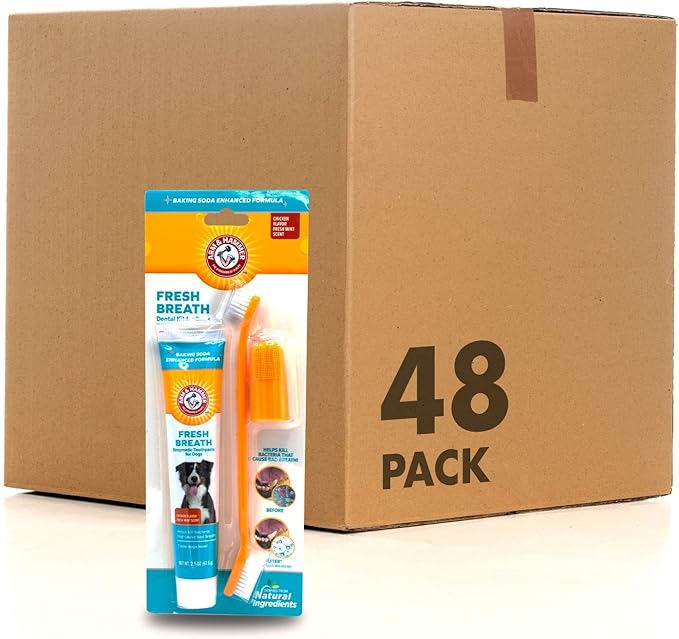 Arm & Hammer for Pets Fresh Breath Kit for Dogs | Contains Toothpaste, Toothbrush & Fingerbrush | Reduces Plaque & Tartar Buildup | Safe for Puppies, 3-Piece Kit, Chicken Flavor | 48 Pack