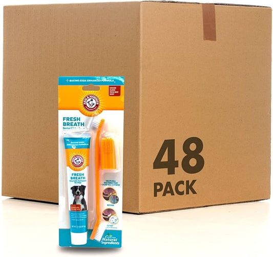 Arm & Hammer for Pets Fresh Breath Kit for Dogs | Contains Toothpaste, Toothbrush & Fingerbrush | Reduces Plaque & Tartar Buildup | Safe for Puppies, 3-Piece Kit, Chicken Flavor | 48 Pack