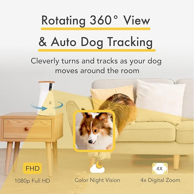 Furbo 360° Dog Camera: Home Security Camera with Barking Alerts, Rotating Pet Treat Camera with Phone App, Smart Home Indoor Puppy Cam with 2-Way Speaker and Night Vision (No Subscription Required)