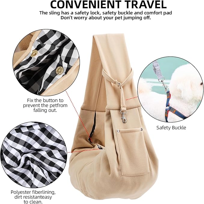 Dog Carrier Sling - Reversible Puppy Carrier Purse with Storage Pocket, Hand-Free Dog Sling Carrier for Carry Small Dogs and Cats，Travel Safety Harness, Dog and cat Harness (Apricot)