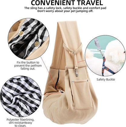 Dog Carrier Sling - Reversible Puppy Carrier Purse with Storage Pocket, Hand-Free Dog Sling Carrier for Carry Small Dogs and Cats，Travel Safety Harness, Dog and cat Harness (Apricot)