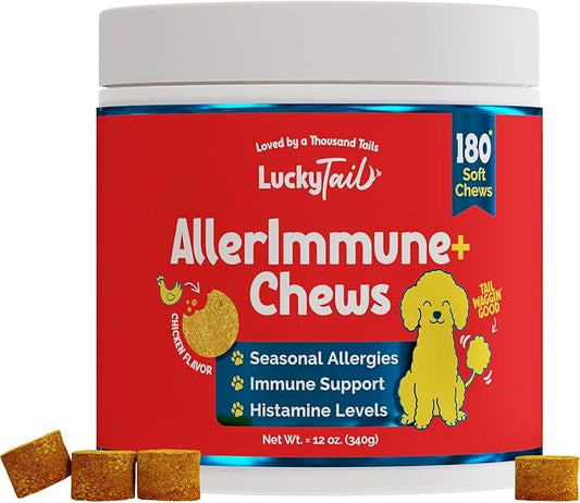 AllerImmune+ LuckyTail Seasonal Allergy Relief Chew for Dogs - Salmon Oil, Tumeric, Apple Cider Vinegar - Dog Probiotic for Itchy Skin - Dog Anti Itch Supplement - 180 Soft Chews