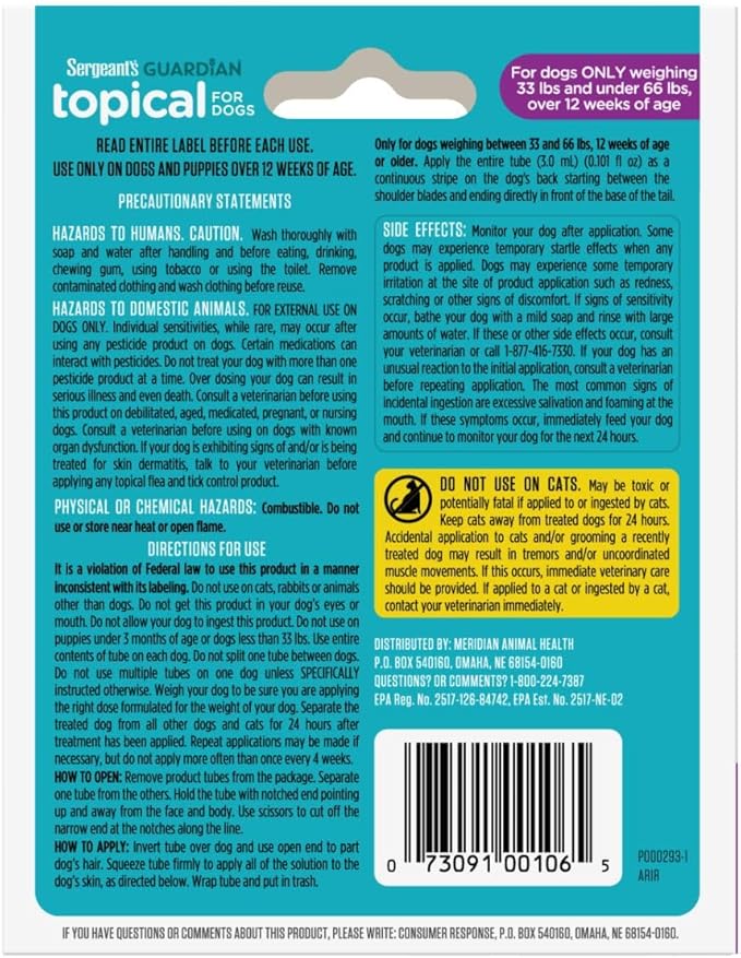 Sergeant's Guardian Flea & Tick Squeeze On Topical for Dogs, 33-66 lbs., 3 Count