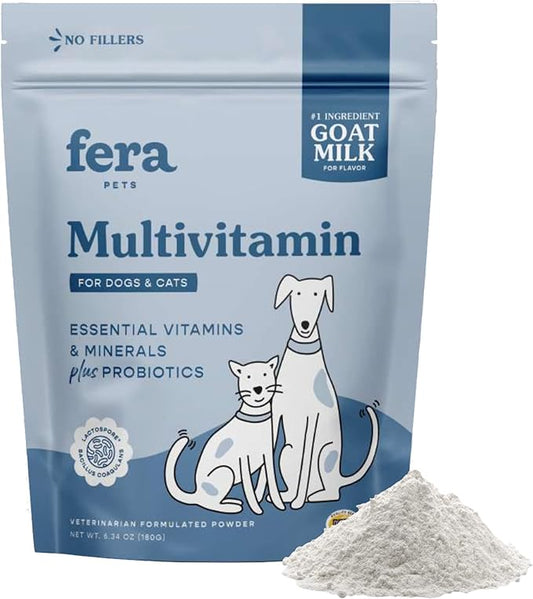 Fera Pets Multivitamin Goat Milk Cat & Dog Food Topper – Vet Created - Cat & Dog Multivitamin - Probiotics & Essential Vitamins & Minerals–60 Servings
