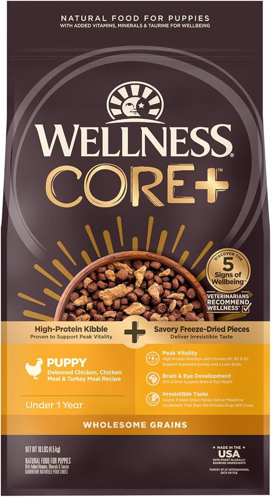 Wellness CORE+ Dry Puppy Food with Wholesome Grains, Natural Ingredients, Made in USA with Real Freeze-Dried Meat (Puppy, Turkey, 10 lbs)