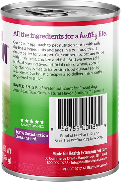 Health Extension Wet Dog Food, Gluten and Grain-Free, Healthy Natural Food Canned for Puppies, Include Beef Ingredient (12.5 Oz / 374 g)