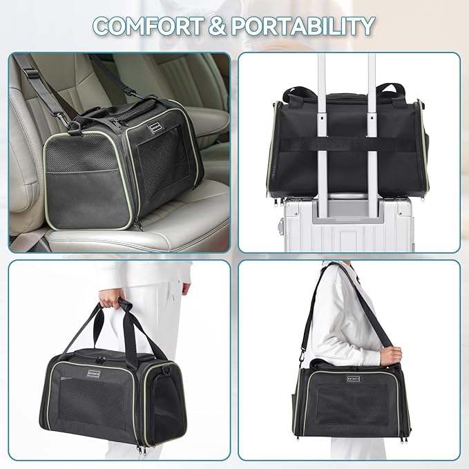 PETSFIT Dog Carrier, Pet Carrier Airline Approved with Extendable Mat, Dog Carriers for Small Dogs, TSA Approved Pet Carrier, Puppy Carrier for Small and Medium Cats Under 12 Lbs, Black