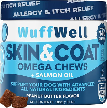 Omega 3 for Dogs with Salmon Oil 140ct - Dog Skin and Coat Supplement - Allergy and Itch Relief - Fish Oil for Dogs Chews - Dog Anti Shedding Supplement - Dry Skin Treatment - Made in USA