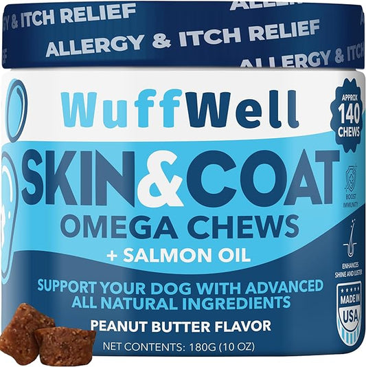 Omega 3 for Dogs with Salmon Oil 140ct - Dog Skin and Coat Supplement - Allergy and Itch Relief - Fish Oil for Dogs Chews - Dog Anti Shedding Supplement - Dry Skin Treatment - Made in USA