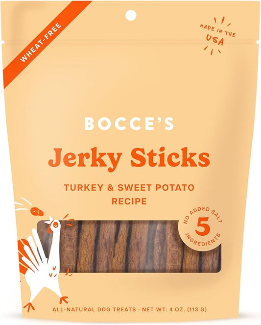 Bocce's Bakery Jerky Stick Dog Treats, Wheat-Free, Made with Limited-Ingredients, Baked in The USA with No Added Salt or Sugar, All-Naural & High-Protein, Turkey & Sweet Potato, 4 oz