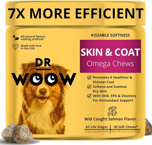 Omega Wild Alaskan Salmon Fish Oil 90 ct Soft Chews for Dog - Anti Itch & Coat + Allergy Support, with Kelp, Biotin, Vitamins, Zinc - Helps Itchy Skin, Dog allergies, May Reduce Shedding