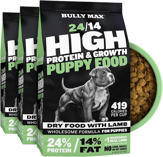 Bully Max Puppy Food 24/14 High Protein & Growth Formula - Dry Dog Food with Lamb & Rice for Small & Large Breed Puppies - Natural, Slow-Cooked, Sensitive Stomach Pet Food - 15lbs (3 bags, 5 lbs each)