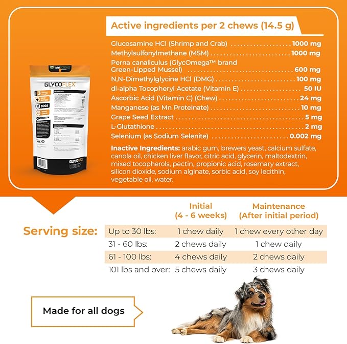 VetriScience Glycoflex 3 Clinically Proven Hip and Joint Supplement for Dogs - Maximum Strength Dog Supplement with Glucosamine, MSM, Green Lipped Mussel & DMG - 60 Chews, Chicken Flavor
