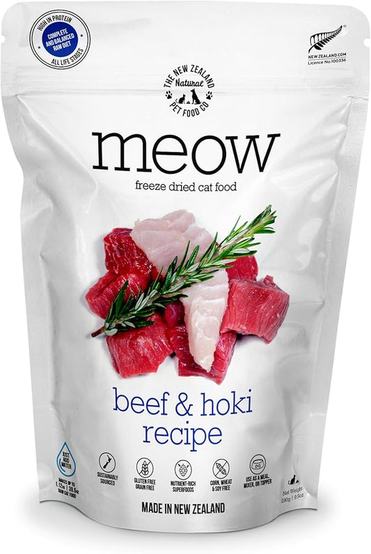 MEOW Freeze Dried Cat Food - Beef & Hoki Recipe, High Protein, Use as a Complete Diet, Topper, Mixer, or as Cat Treats, All Life Stages, 9.9 oz