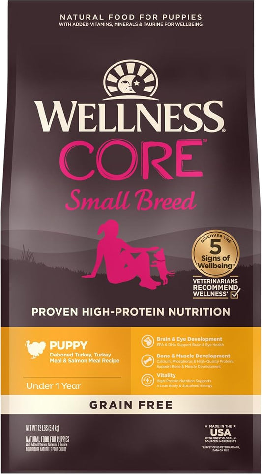 Wellness Natural Pet Food CORE Grain-Free High-Protein Small Breed Dry Dog Food, Natural Ingredients, Made in USA with Real Meat (Puppy ,Turkey, 12-Pound Bag)