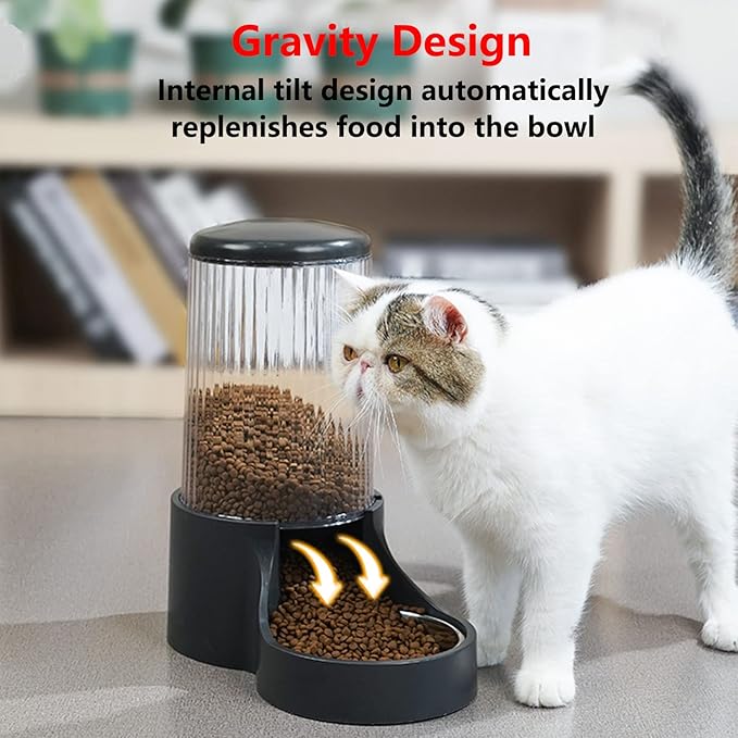 Automatic Cat Feeder, 3.8L Large Automatic Cat Feeders Gravity Cat Food Dispenser with Detachable Top Lid, Visible Bottle and Stainless Steel Bowl for Cat, Dog and Pet (Black)